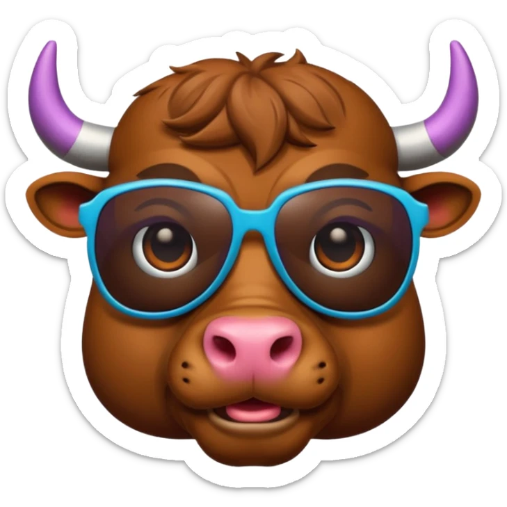generate an emoji of a bull's face that's in a close up. the bull is travelling. maybe wearing sunglasses or drinking a drink or carrying a suitcase sticker