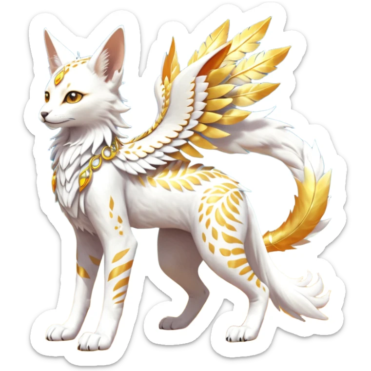 Epic complex fantasy glorious detailed futuristic divine godly angelic feathery sunny, white, albino, pastel, golden, orange glowing sparkly, realistic Fakémon-Sprigatito-Floragato-Meowscarada-Trico-Sergal-Serval-Solgaleo-Vernid-creature (full body) solarpunk, shiny sparkly with a gold laurel sticker