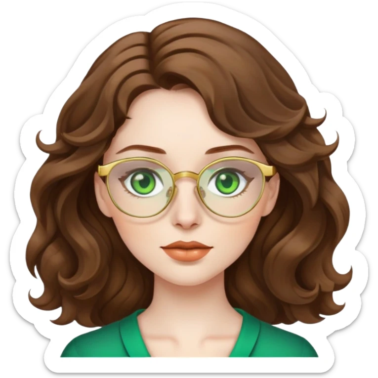 woman with pale skin, brown wavy hair, green eyes, gold glasses sticker