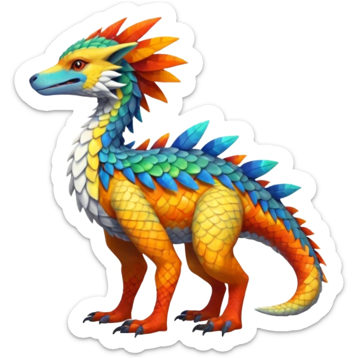 Colorful Scaly Tribal Fruity Iridescent Warm-colored Tropical Exotic Vernid-Sergal-Trico-Silvally-Nargacuga-fusion-hybrid-animal-creature, full body sticker