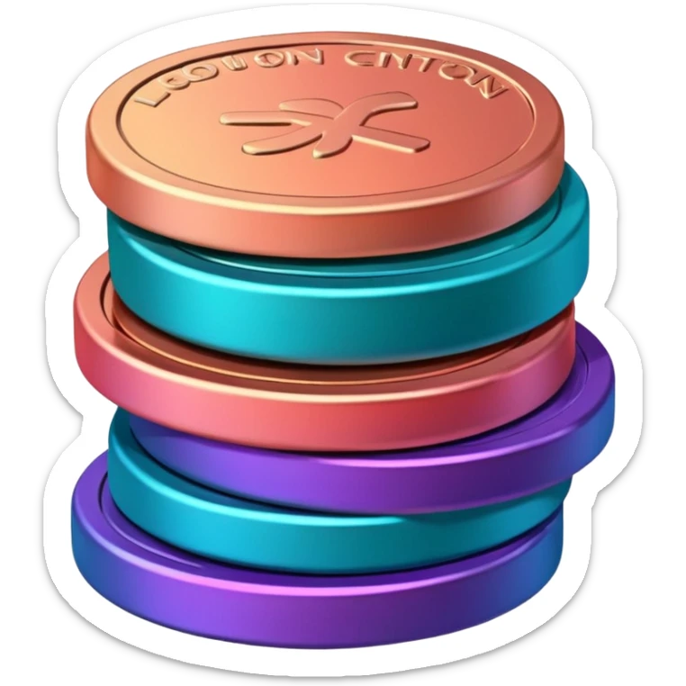 Stack of coins in gradient of turquoise, blue, pink, purple, and coral color withut letters sticker