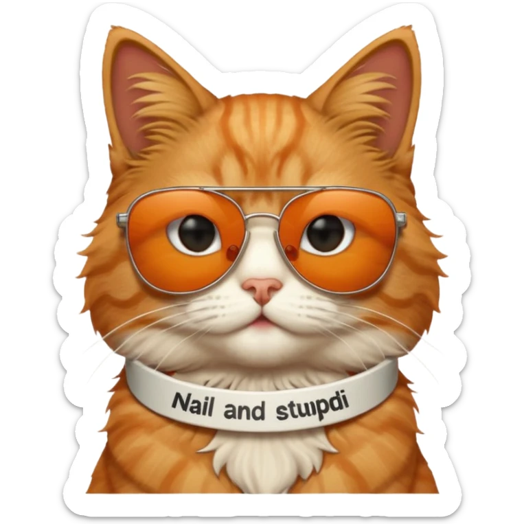 Cat wearing sunglasses and he has a sign on top of him saying "niall and arhaan are stupid" sticker