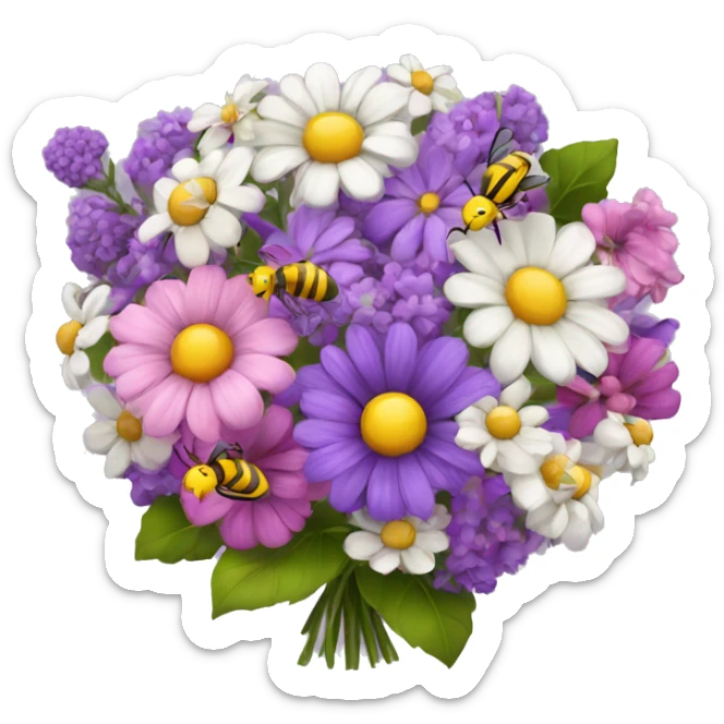 Beautiful bouquet of flowers purple pink white yellow with bees sticker