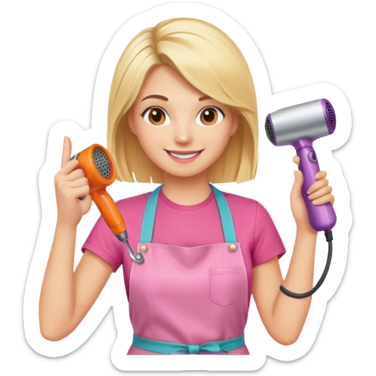 smiling blonde woman hairstylist wearing pink t-shirt and orange apron, hands raised, holding scissors and hairdryer clearly visible sticker