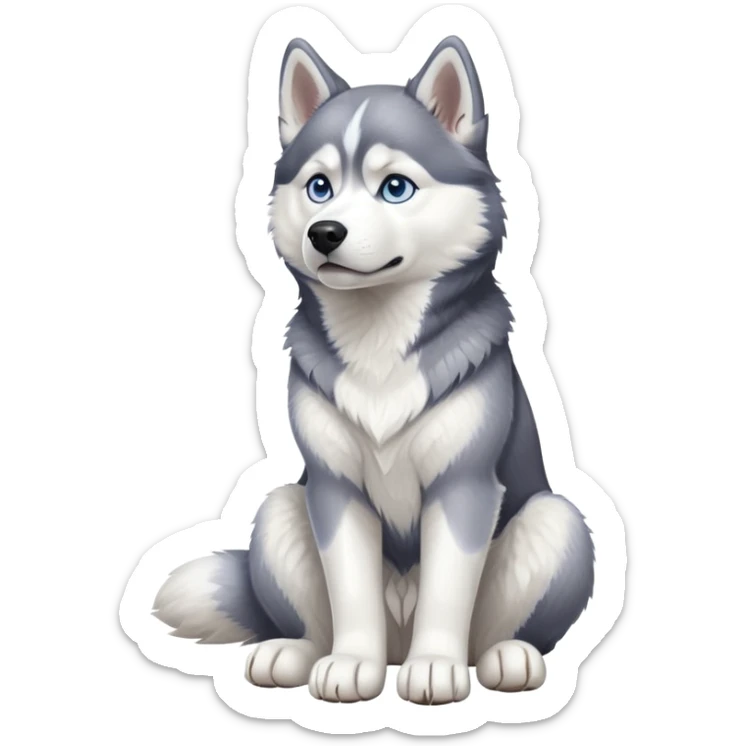 cinematic-[siberian husky]-realistic-full-body-sitting-emoji,-tail-resting-loosely-beside-its-paws,blue eyes-head-tilted-dramatically, -fluffy-[grey and white]-fur,-simplified-yet-realistic-focused-features,-highly-detailed,-glowing-with-an-almost-sarcastic-glow sticker