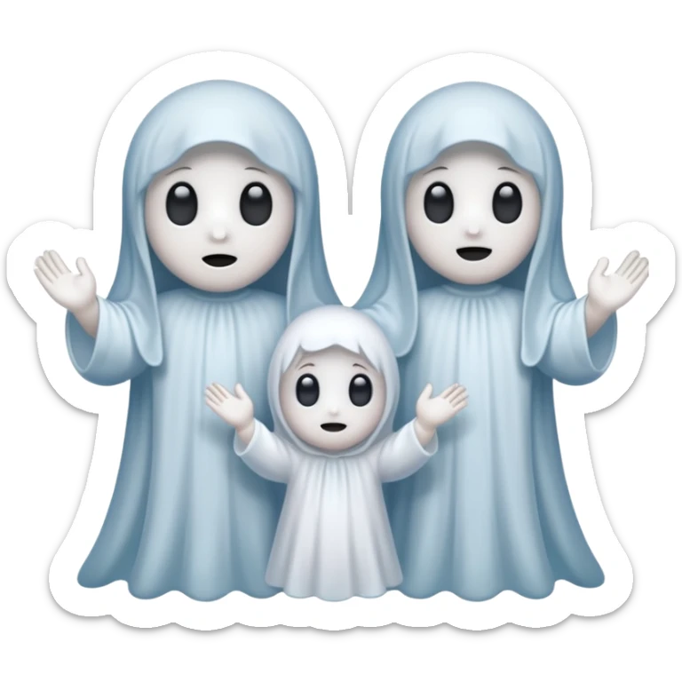 
Mini ghost family holding hands 
 cartoon -style/cute and transparent for a sticker 
 sticker
