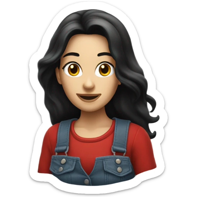 A white lady with long black hair, driving an older red pick up truck sticker