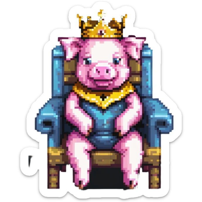 ultra-minimal pixel art pig with a golden crown sitting on a throne, blocky and square like Minecraft, inspired by Technoblade sticker