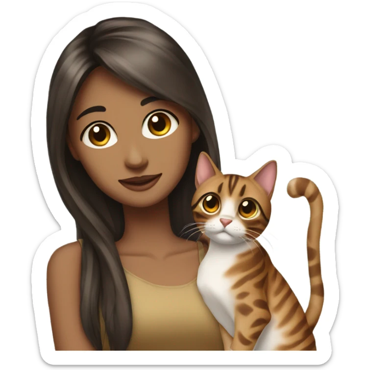 Beautiful woman long dark brown hair Straight bangs hug bengal cat sticker