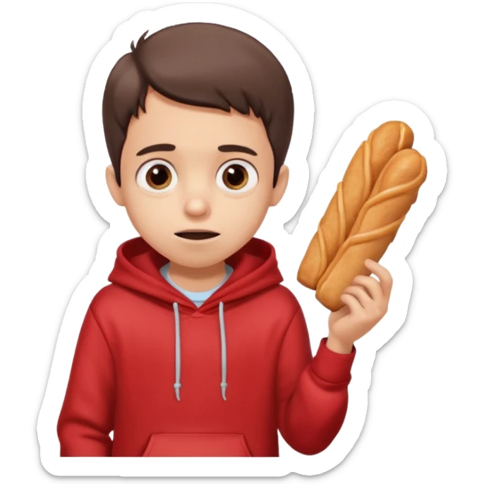 ute funny Spanish cartoon boy named Peque Tito, red hoodie, denim shorts, big expressive eyes, holding a churro, Pixar-style, viral character.” sticker