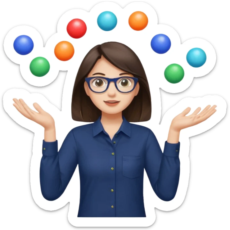 a brunette girl in a navy shirt wearing glasses is  juggling 5 multicolored balls with two hands  sticker