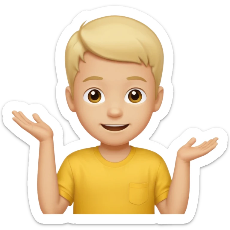 boy with baby hair cut shrugging his shoulder, wearing yellow shirt and smile sticker
