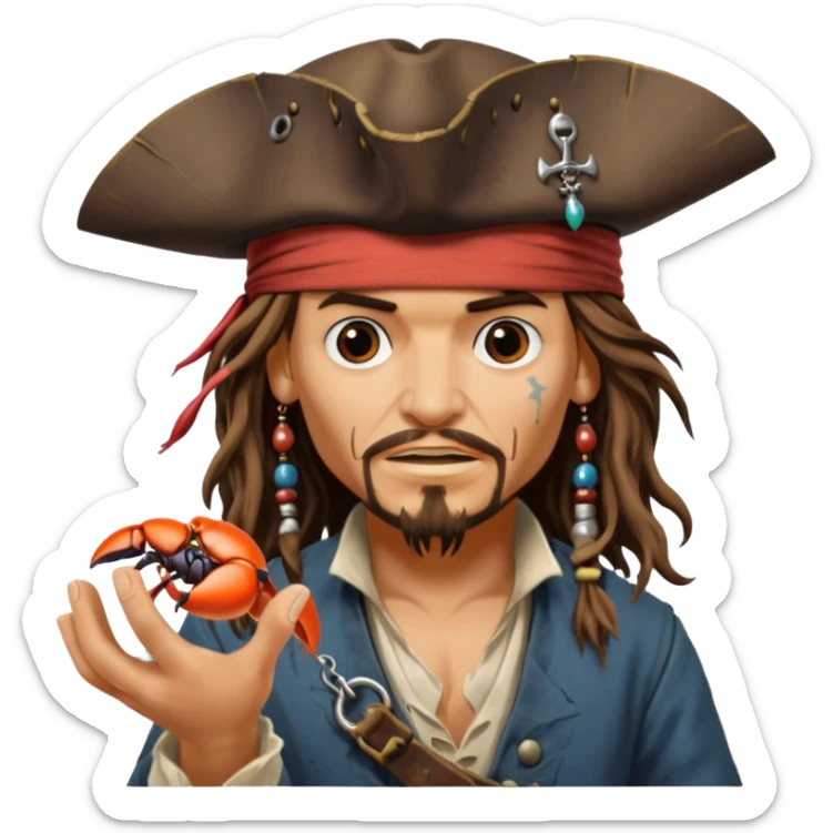jack sparrow from the film pirates of the caribbean, shooo-ing the stone-crab sticker