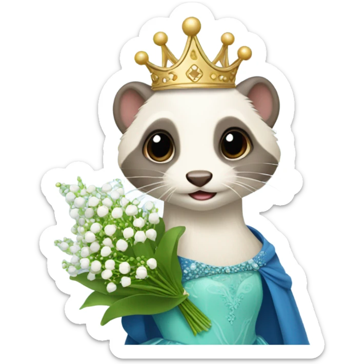 Ferret with a crown and a ball gown holding Lilly of the valley flowers sticker