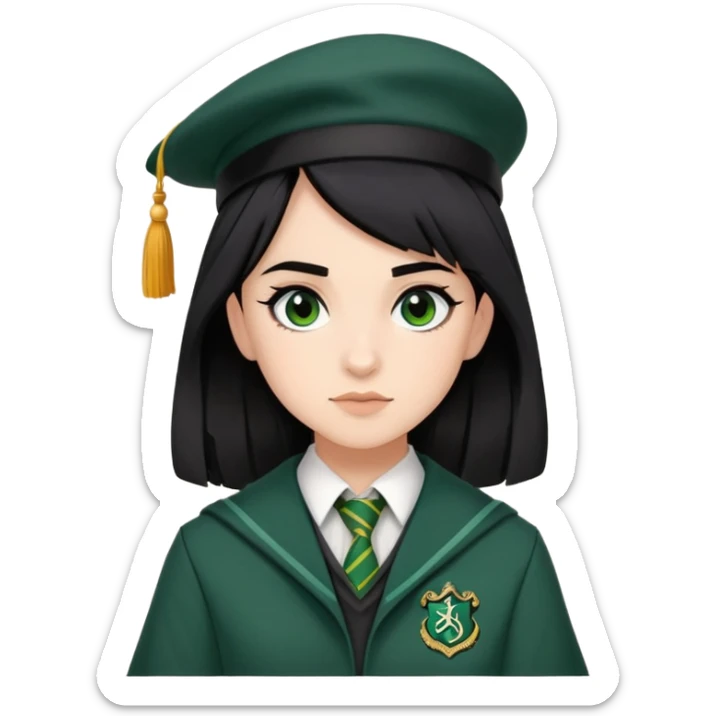 Pansy Parkinson in harry potter, wear hogwarts slytherin uniform, black hair, not wearing hat sticker