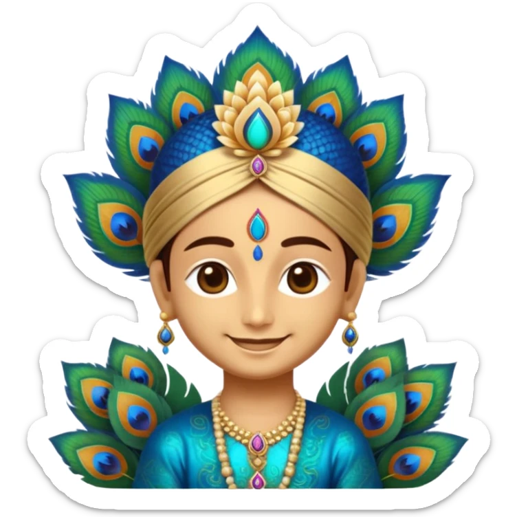Create a cute and divine emoji of Khatu Shyam Ji with a charming smile, glowing aura around the head, traditional Rajasthani attire, peacock feather on the crown, tilak on the forehead, holding a lotus flower, with a soft golden background and spiritual energy radiating from the emoji face." sticker
