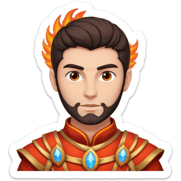 Vulcan, Fire God from Rome Mythology with dark brown hair, orange and red outfit, light tan skin sticker