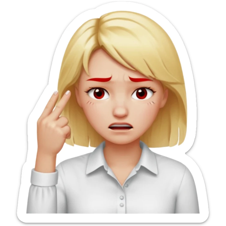blonde girl red faced fake crying with white shirt and hands pointing to her forehead with index and middle finger and the other fingers and inxaxfist position sticker