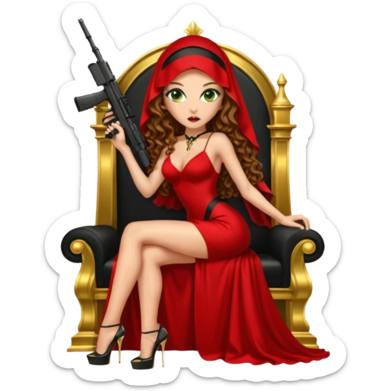 Drug dealer female green eyes symbol.  hair is brown curly long hair. sexy long with long red and black dress and mouth veil cover on that covers her mouth only. black stiletto platform high heels shoes on. Holding sniper rifle sitting on a gold throne. sticker