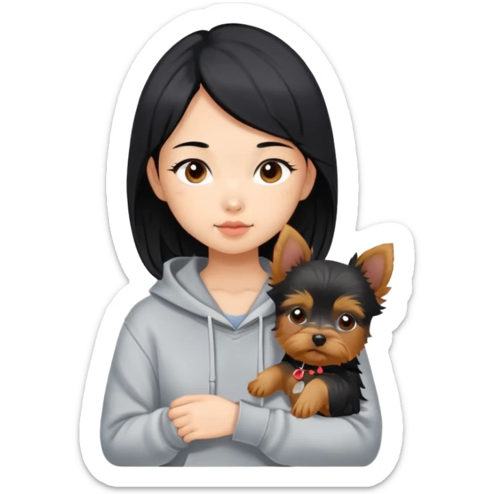 a black-haired Chinese girl in a gey hoodie with a yorkie puppy sticker