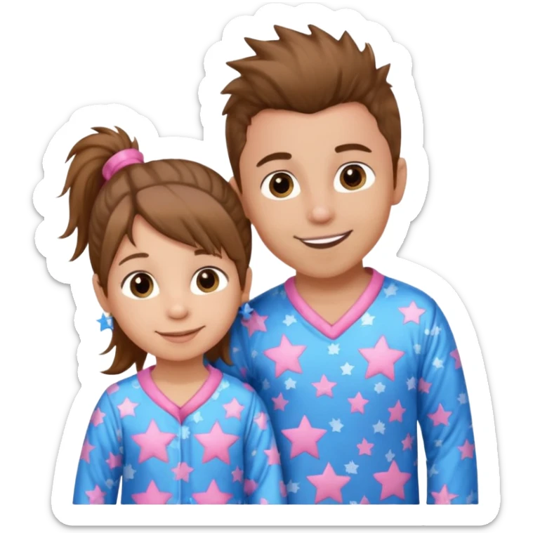 4 year old brown spikey haired boy with blue pajamas with stars on them and a 1 year old brown haired pony tail girl with pink pajamas, and stars on them with light skin. Top left on, can you make them smile more with lighter skin sticker