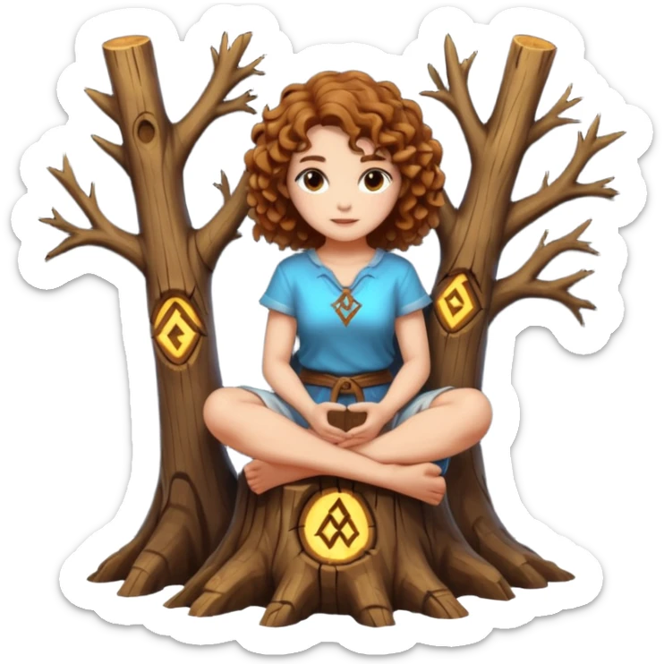full body woman short curly brown mullet hair brown eyes white skin sitting on tree stump carving glowing rune sticker