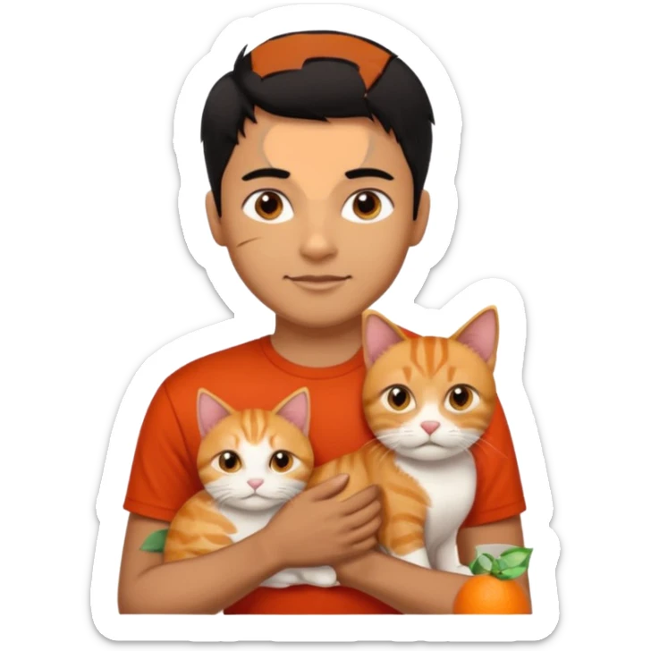 Indian Brown guy with black hair in red t-shit with orange cat sticker
