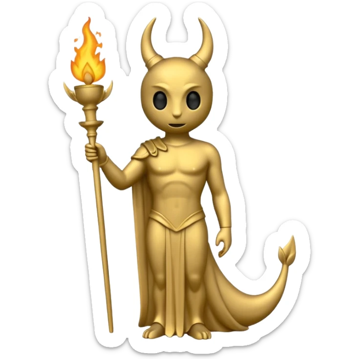 Minimalist emoji-style sticker of a full-body Oscar-like statue in matte gray-gold, with small horns, sharp tail, and faint flames at the base, all in black and muted hues sticker