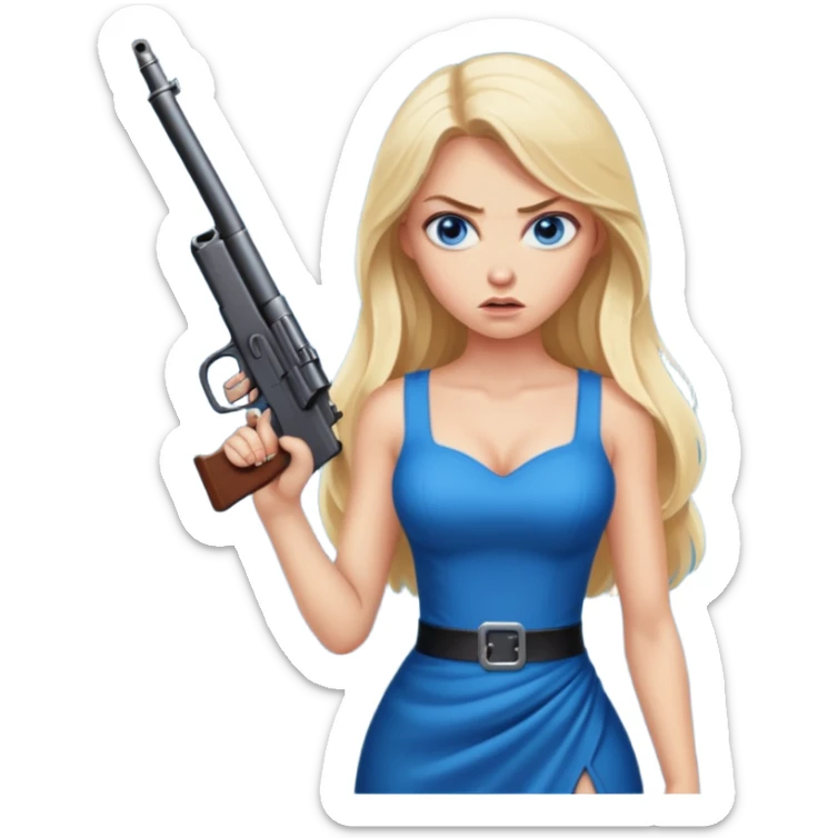 Sexy Beautiful  blue eye blonde Long Hair Gangsta girl in a hot Dress Looks angry  with a big gun sticker