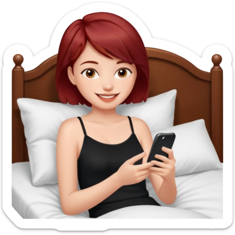 generate a pretty fair bratz girl with short dark red hair using her phone in bed, smiling . Wearing a black cami sticker