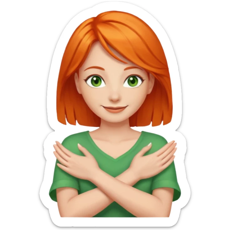 woman with green eyes and orange hair putting her pis on her shoulders (pose) happily  sticker