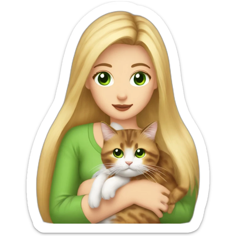 woman with green eyes and long straight blonde hair and big boobs is holding a very fluffy and fat tortoiseshell cat sticker