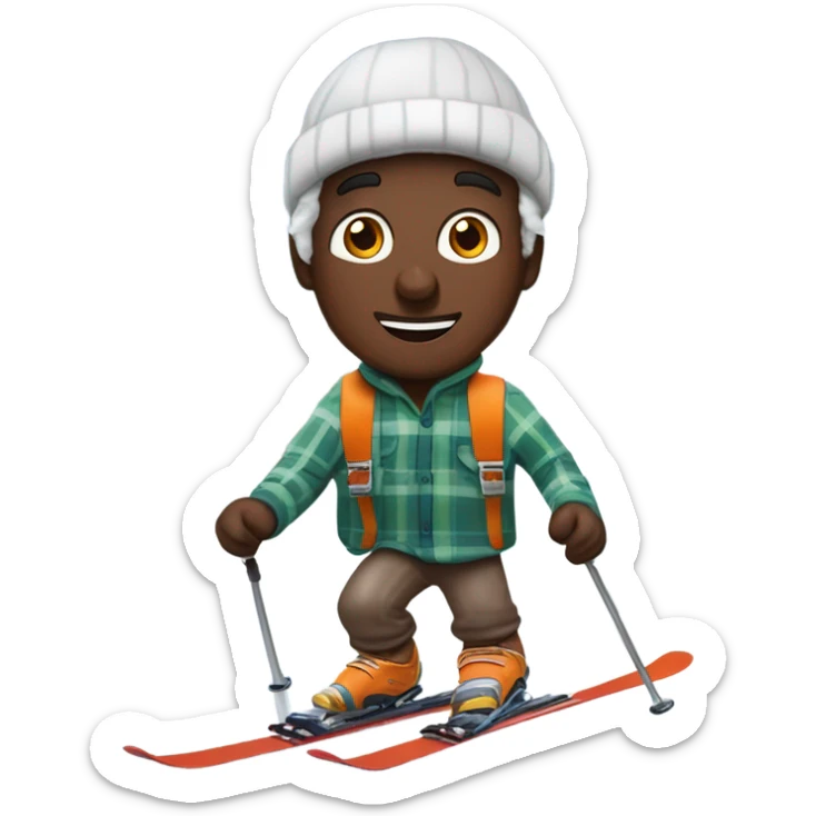 ￼ show me a man wearing an unbutton flannel shirt, snow skiing, downhill holding orange juice and maple syrup while the sky is snowing chocolate eggs sticker