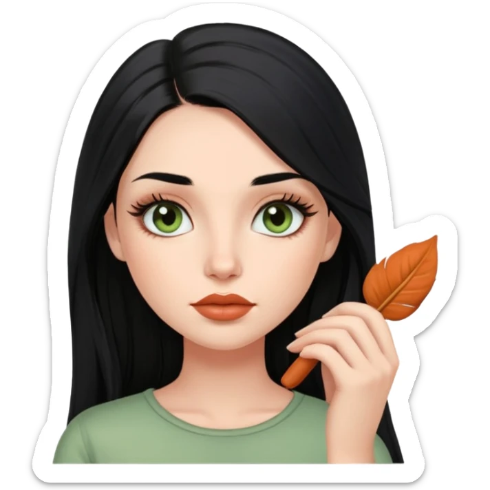 european girl with long black hair, long eyelashes, terracotta lips, light green top sticker
