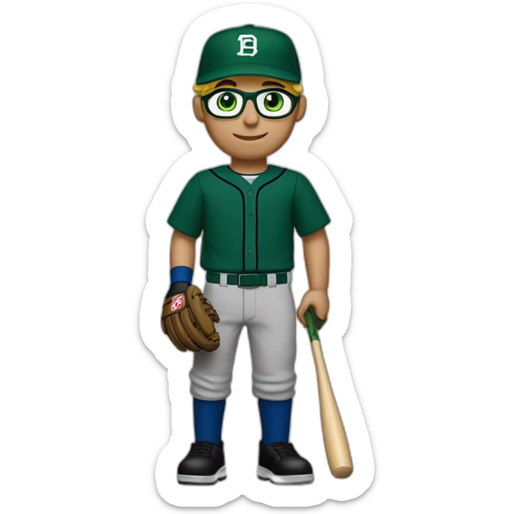 Blonde male short hair with glasses Dark green baseball uniform with hat Blue eyes a cobra snake logo with "C". waist up with a bat in one hand and a macbook sticker
