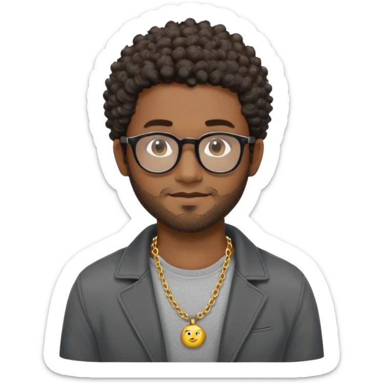 Hombre latino piel marron oscuro, cara ovalada, gafas redondas oscuras, barba corta, pelo corto rizado. Sonrisa leve, expresión tranquila. Camiseta gris, jacket negro abierto, collar dorado sticker