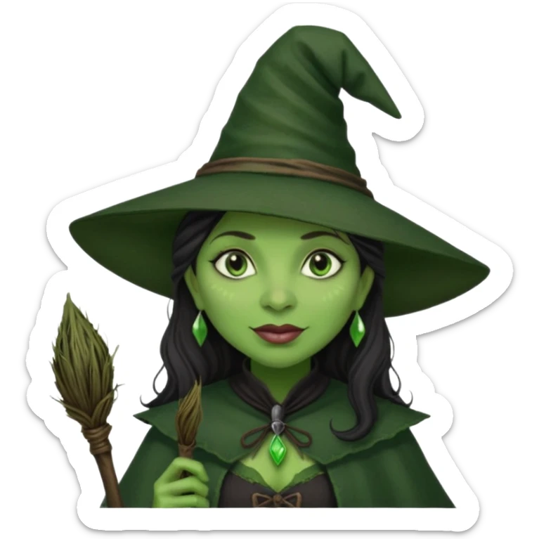 elphaba the wicked witch from wicked movie (cynthia erivo) dark long textured hair, thick lips, green skins, witch hat, witch broom sticker