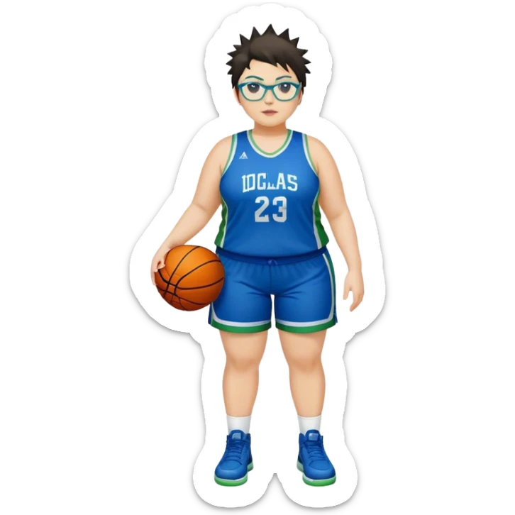 full body white plus size women basketball player with short spiky dark hair with added blond highlights wearing blue glasses wearing blue and green uniform sticker