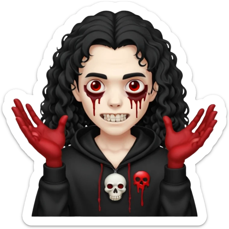 Vampire wearing a black hoodie with a skull logo on it, long curly hair that covers the forehead, fanged teeth and blood on hands sticker