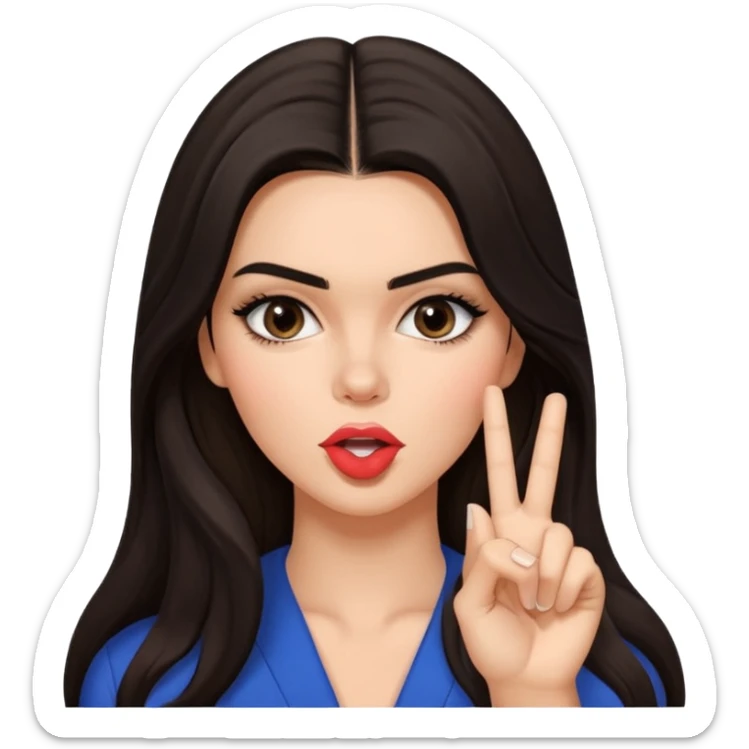 Create a glossy 3D emoji-style illustration of a glamorous brunette model inspired by Kendall Jenner, with long dark hair and defined features, making a “shh” gesture with one finger to her lips. othe hand is not in the picturePlayful, mysterious expression, centered, transparent background. sticker