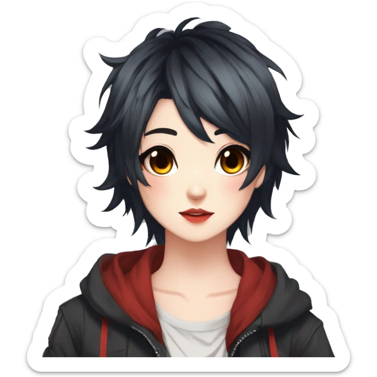Gorgeous anime style tomboy-lady with blushing face aesthetic and pretty edgy black red punk hair with hair garment trending style sticker