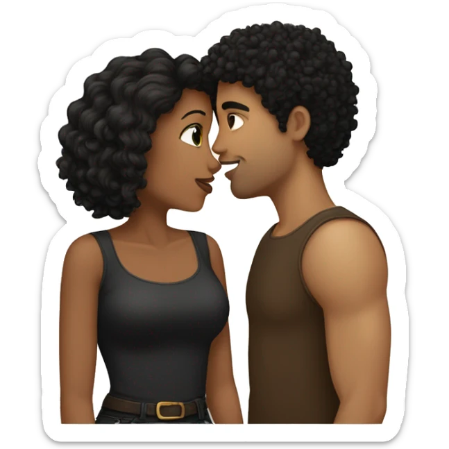 Girl with curly black hair wearing a brown shirt kissing a light skin man with black hair wearing a black shirt sticker