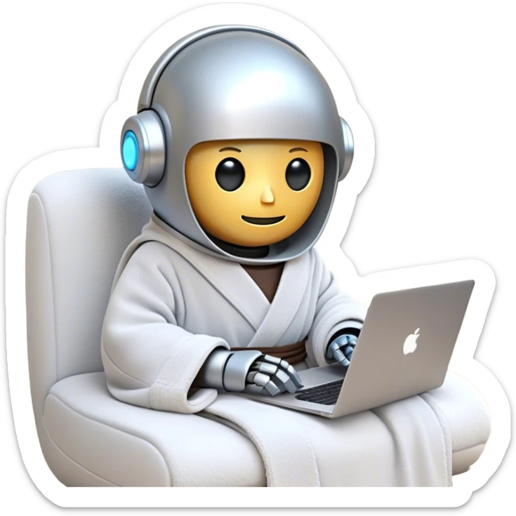 An emoji of a remote-working robot, sitting comfortably with coffee and laptop wrapped in a cozy bathrobe. The robot's head resembles a sleek, futuristic helmet with a smooth, reflective surface. Its eyes are not human-like but rather glowing digital slits or circular LED indicators. sticker