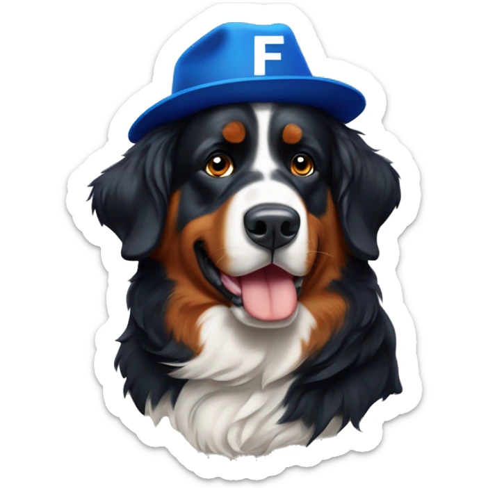 Bernese mountain dog wearing a blue and orange hat that has the letter "F" on it sticker