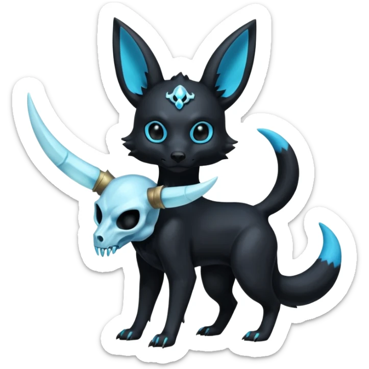 Shiny Dark Edgy  Umbreon-Inteleon-Amaura-Fakémon-hybrid-creature (full body) with a horned animal-skull-mask sticker
