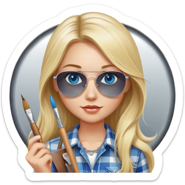 girl with long blond hair, wearing plaid shirt with blue eyes and aviator sunglasses wearing a ring on her silver necklace, holding a wide paintbrush sticker