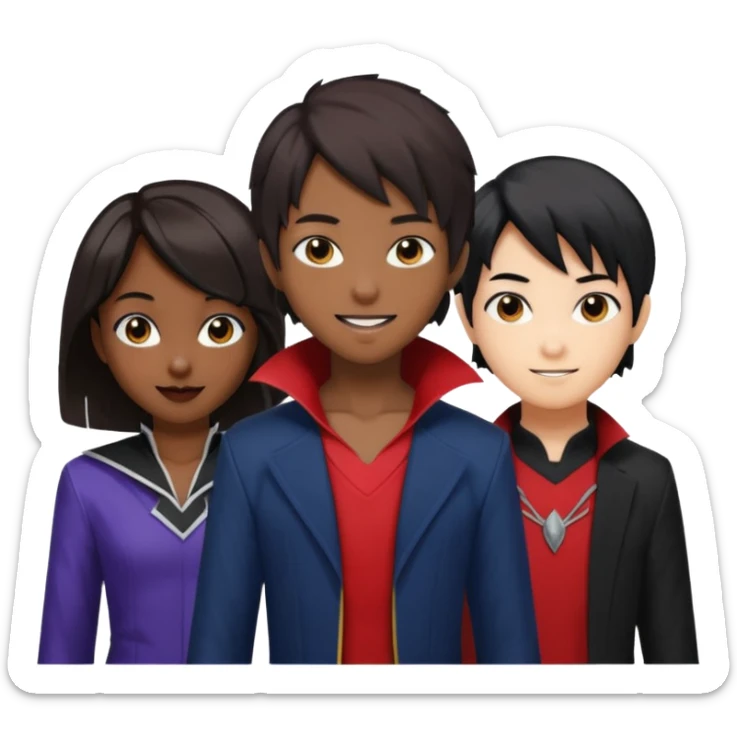 Solo poly platonic relationship, one is south African girl, one is Asian boy, one is biracial features Asian tomboy girl with anime short hair with long hair, vampire and marvel cosplay elements inspired. sticker