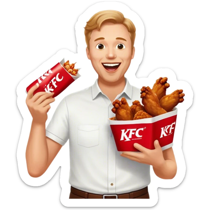 "Create an emoji of a white man holding KFC chicken wings with a happy and excited expression. Make sure to add the text 'KFC ABSOLUTE CINEMA ✋😮🤚' in large, bold letters, covering the entire screen and standing out clearly. This text must be included. Use a vibrant and expressive style." sticker