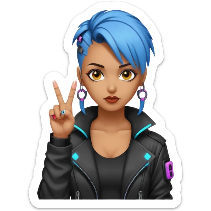 Woman with her tongue out in cyberpunk clothing and giving the middle finger. Looking naughty. sticker