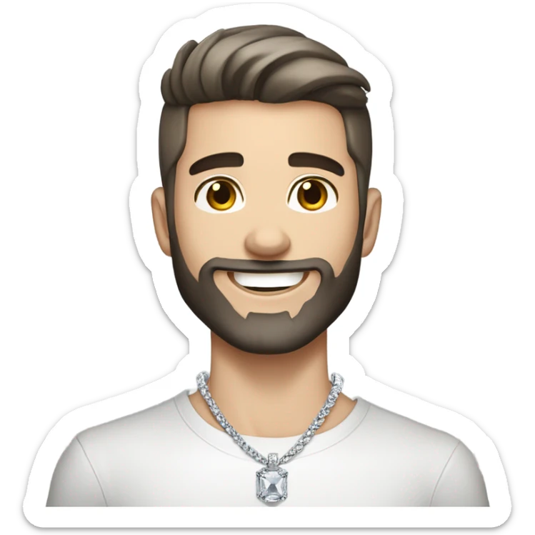 Younger white male with dark brown hair with grey highlights, a beard, and tattoos that is wearing a diamond coated white gold necklace, waving hello sticker